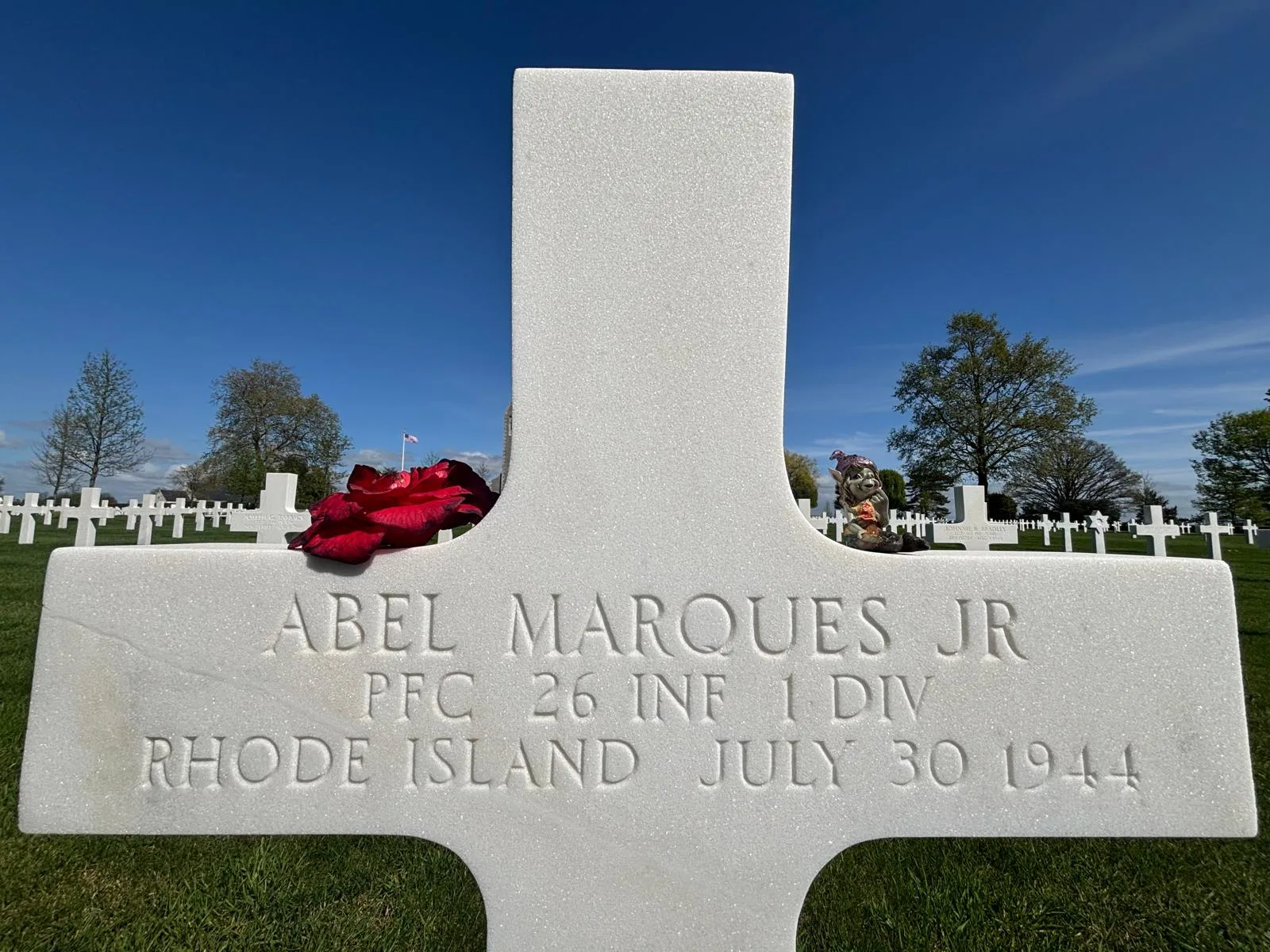 The inscription on Abel's cross: PFC 26 INF 1 DIV, Rhode Island, July 30 1944