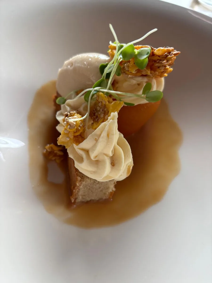 Dessert with caramel sauce, cream swirl, and delicate garnish