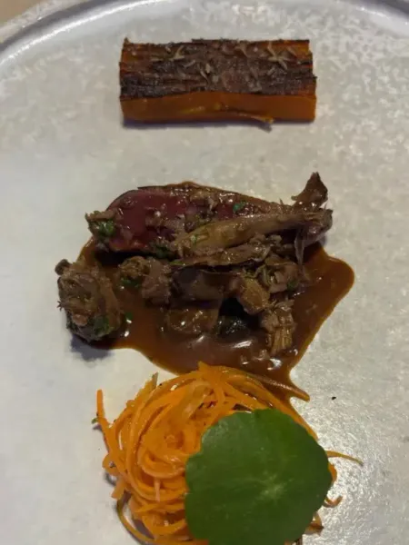 Pink-roasted pigeon with carrot nest and reduction